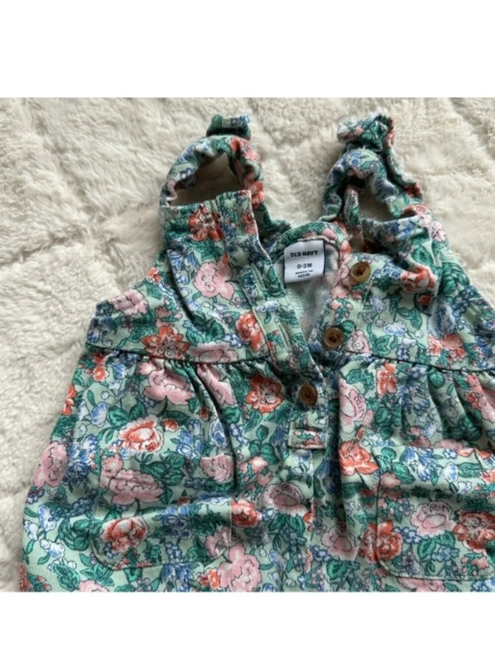 Old Navy | Green and Pink Floral Ruffle Overalls | Size 0-3 Months